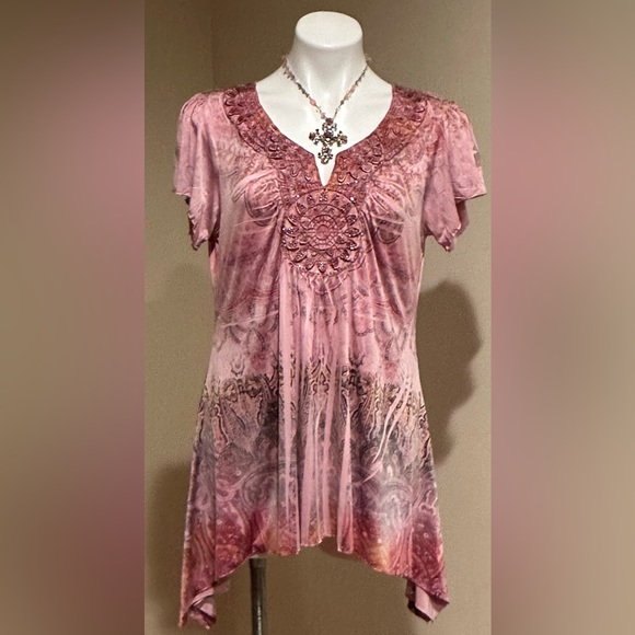 World Unity Asymmetrical Boho Light & Comfortable Blouse W Pinks & Orange SZ M - Picture 1 of 13